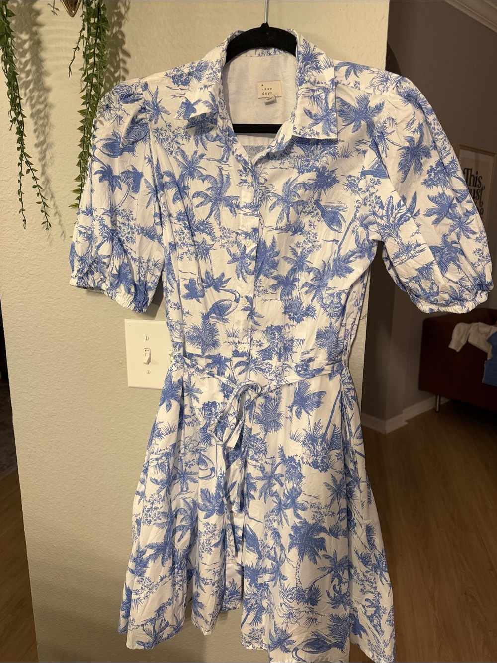 a new day White Dress with Blue Palm Print